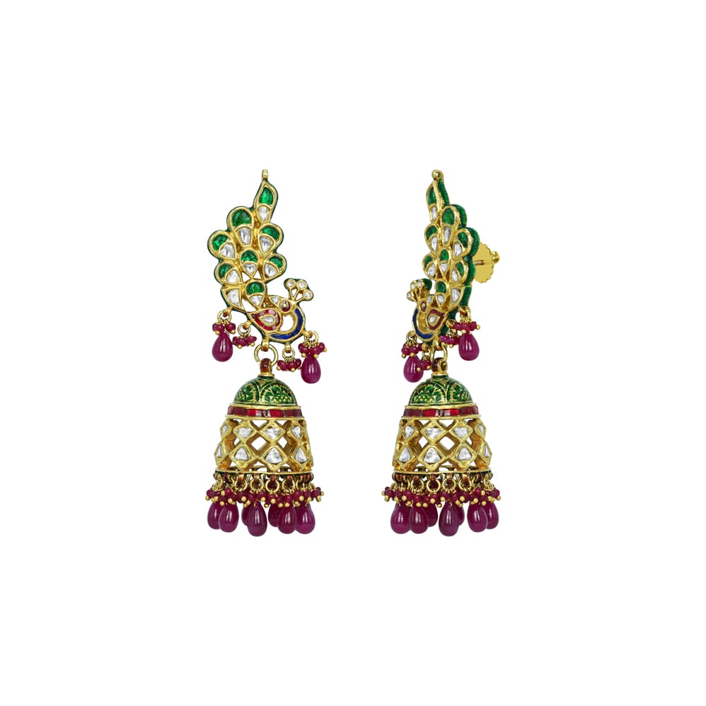 Peacock Motif Jhumkas with Green-Red Enamel and Ruby Drops